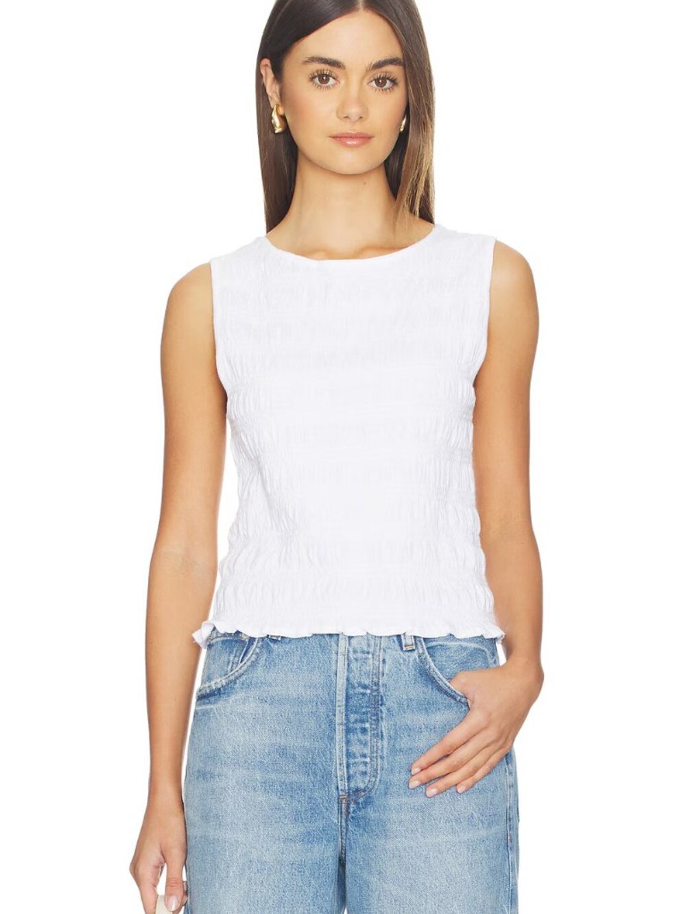 Madewell Smocked Tank | White Textured Cotton | Sleeveless Top | Size M